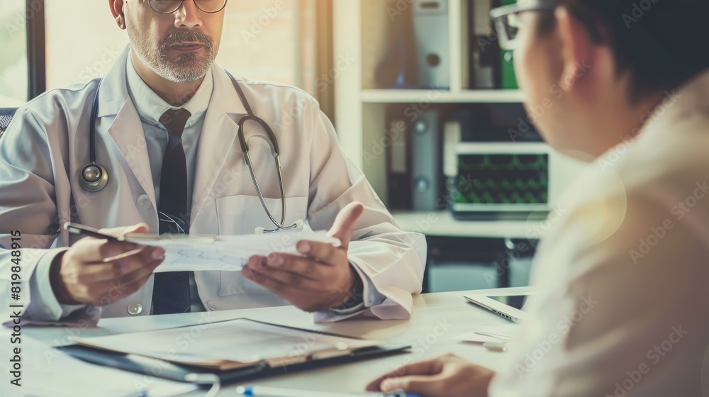 Obraz premium A doctor consulting with a patient in a modern clinic, reviewing medical records on a tablet while the patient describes their symptoms