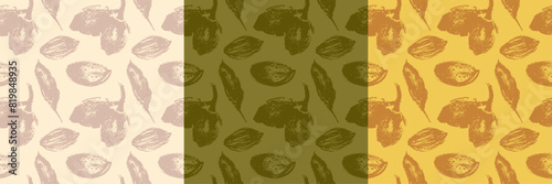 Vector almond pattern seamless with hand-drawn illustrations of almond nuts for web banner, oil packaging or marzipan paste label design. Floral sketches background, almond ornament. Natural product.