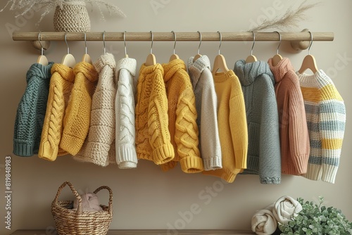 Rack with stylish children clothes on beige background