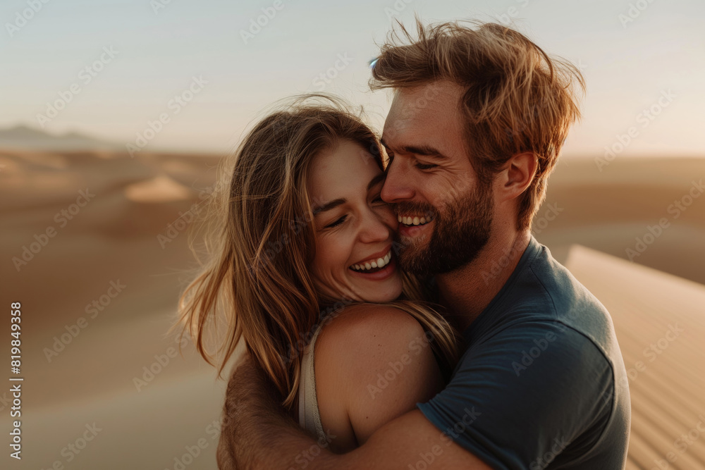 A man and a woman embrace in the desert under the vast sky. Generative AI A man and a woman embrace in the desert under the vast sky. Generative AI