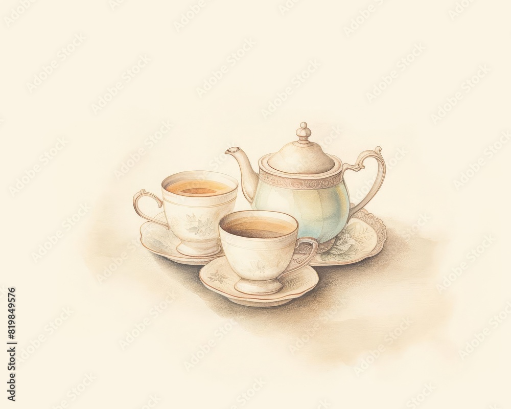 Vintage tea set with teapot and two cups, soft pastel tones on an elegant background, perfect for tea time and home decor themes.
