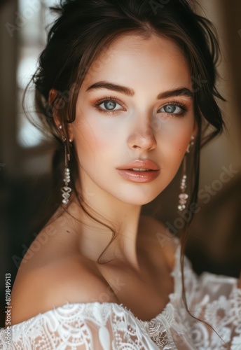 An enchanting image showcases the grace and charm of a young brunette, her delicate evening makeup and kind gaze embodying timeless beauty and elegance. 