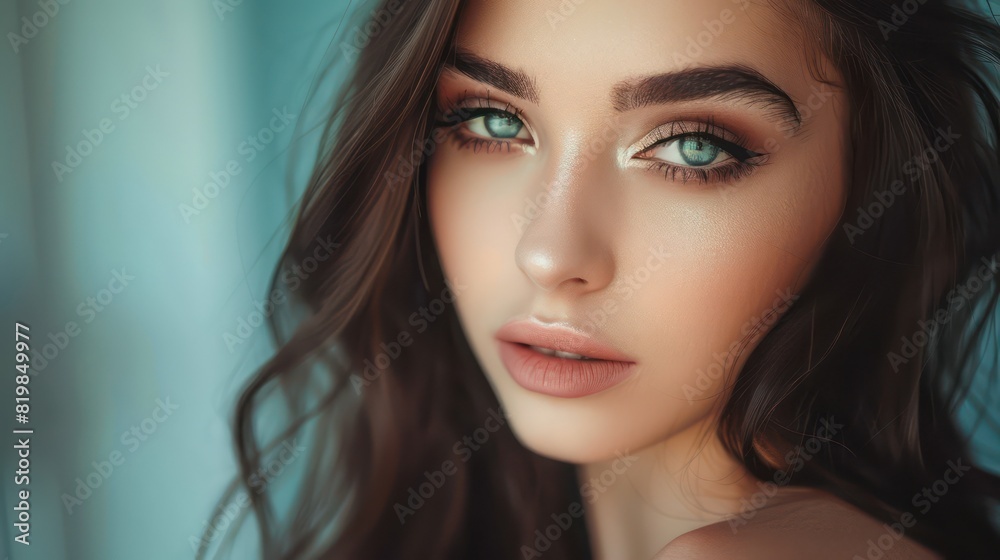 Fototapeta premium A striking portrait showcases the beauty of a young brunette, her flawless evening makeup enhancing her features as she gazes with gentle kindness at the viewer. 