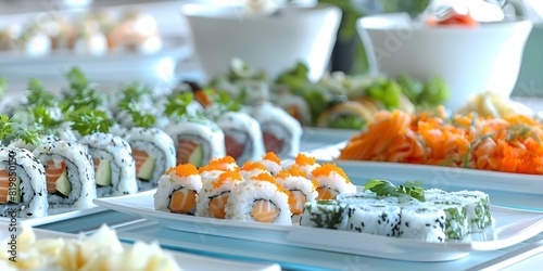 Indulge in a variety of sushi rolls and nigiri at the table. Concept Sushi Delight, Japanese Cuisine, Culinary Experience, Fresh Seafood, Dining Out