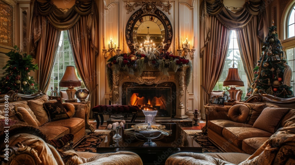 A luxurious living room with velvet sofas, crystal chandeliers, gold-accented decor, and floor-to-ceiling windows overlooking a serene garden