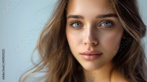 A vision of beauty and sophistication, a young woman with brown hair and delicate evening makeup gazes directly at the viewer, exuding confidence and grace. 