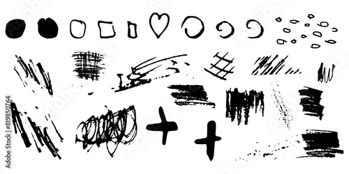 Set of Doodles.Grunge Texture. Background.Pencil,Pen,Strokes,Blots,Brushes,Black Charcoal,Felt Pen,Chalk,Children's Drawing,Uneven,Drawn by Hand.Print for Textiles,For Any Design,Pattern.Stroke.