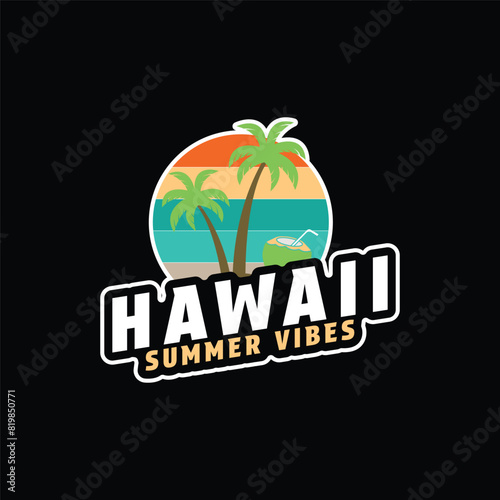 Hawaii logo for a summer vibes with palm tree and coconut drink