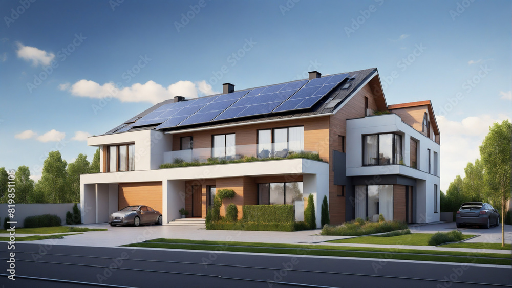 Obraz premium Modern house with solar panels on the roof