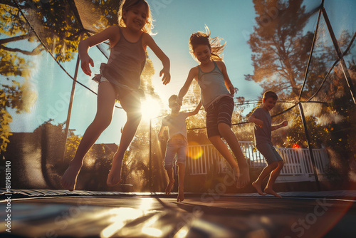 Children happily jumping on a trampoline under the sky. Generative AI photo