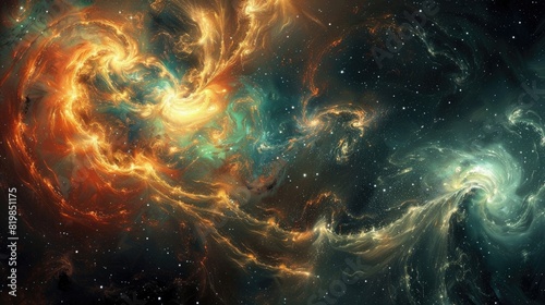 An abstract representation of the universe, with swirling galaxies and nebulae.