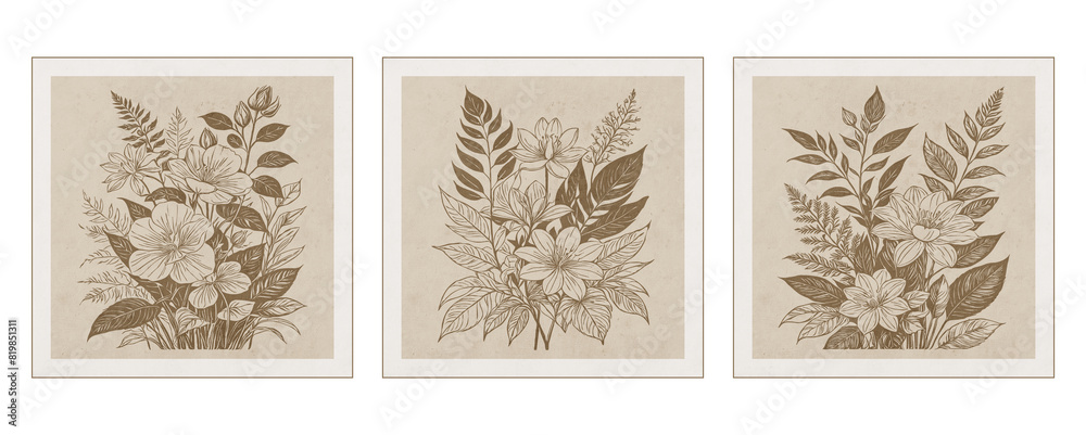 Set of 3 Printable botanical illustration. Rustic style home decor, wall decoration, picture in the frame. Grunge, vintage illustration. Generated by Ai Set of 3 Printable botanical illustration. Rustic style home decor, wall decoration, picture in the frame. Grunge, vintage illustration. Generated by Ai