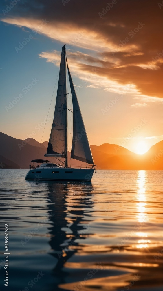 A yacht near the island in the rays of the setting sun.