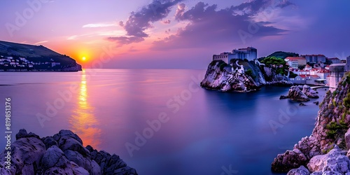 Dubrovnik's Old Town at Sunset by the Adriatic Sea. Concept Travel Photography, Sunset Views, European Architecture, Coastal Landscapes, Dubrovnik Attractions photo