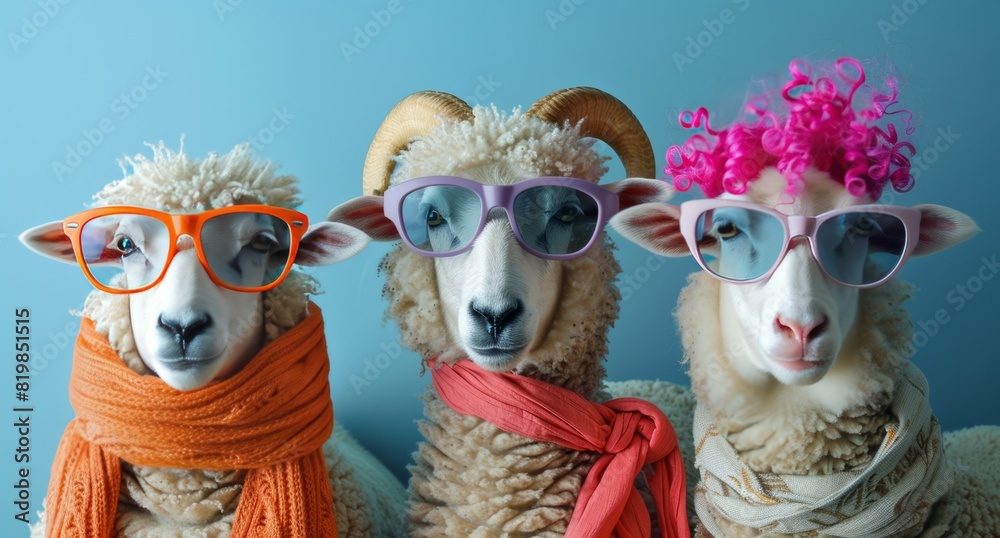 Three sheep wearing colorful, fashionable sunglasses and hair accessories