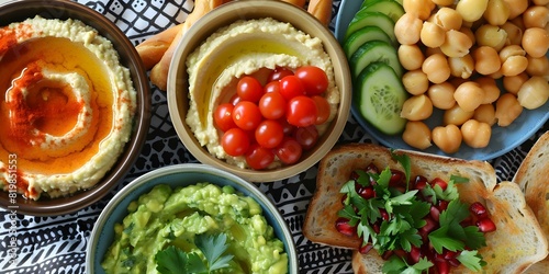 Geometric Patterned Tablecloth Featuring Hummus  Guacamole  Whole Wheat Toast  and Breadsticks. Concept Geometric Patterned Tablecloth  Food Photography  Appetizer Spread  Healthy Eating  Snack Time