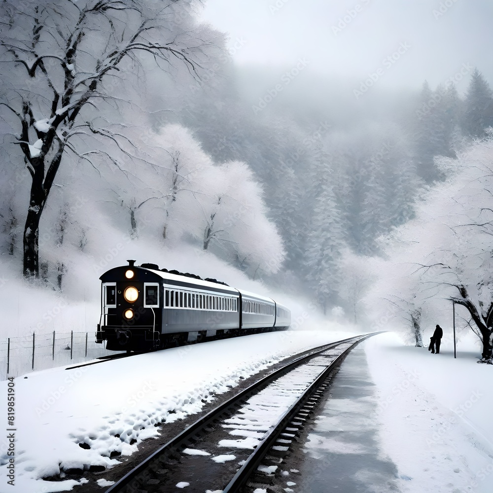 Create a poem that captures the beauty and stillness of a snowy landscape as a train glides through it. The man on the bench is a silent observer of this land. Create a poem that captures the beauty and stillness of a snowy landscape as a train glides through it. The man on the bench is a silent observer of this land.