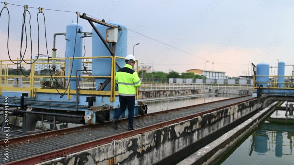 Environmental engineers work at wastewater treatment plants,Water supply engineering working at Water recycling plant for reuse