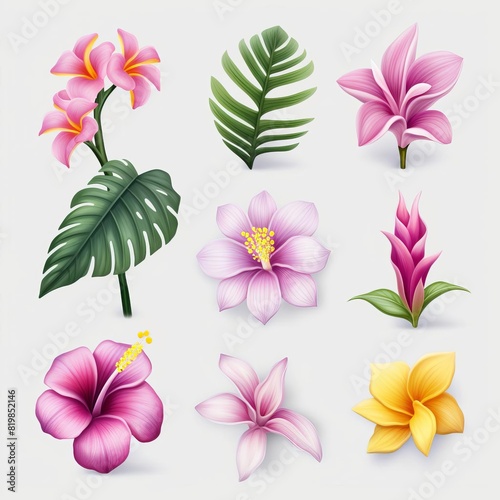 Beautiful 3D watercolor illustration of tropical Hawaiian flower set