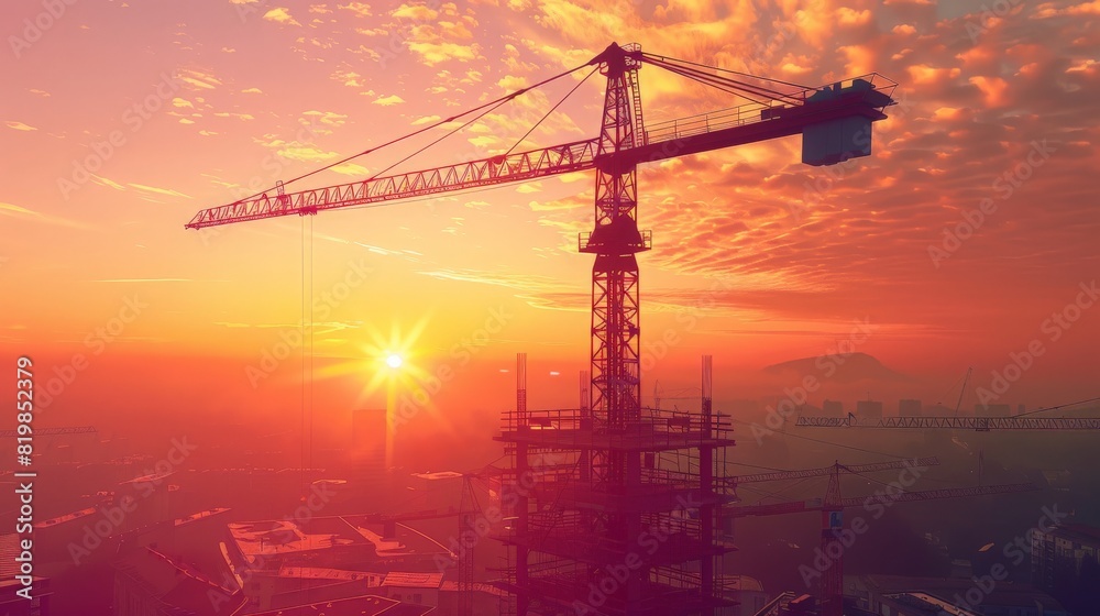 A towering construction crane silhouetted against a vibrant sunrise, with the early morning light casting long shadows across the construction site A towering construction crane silhouetted against a vibrant sunrise, with the early morning light casting long shadows across the construction site