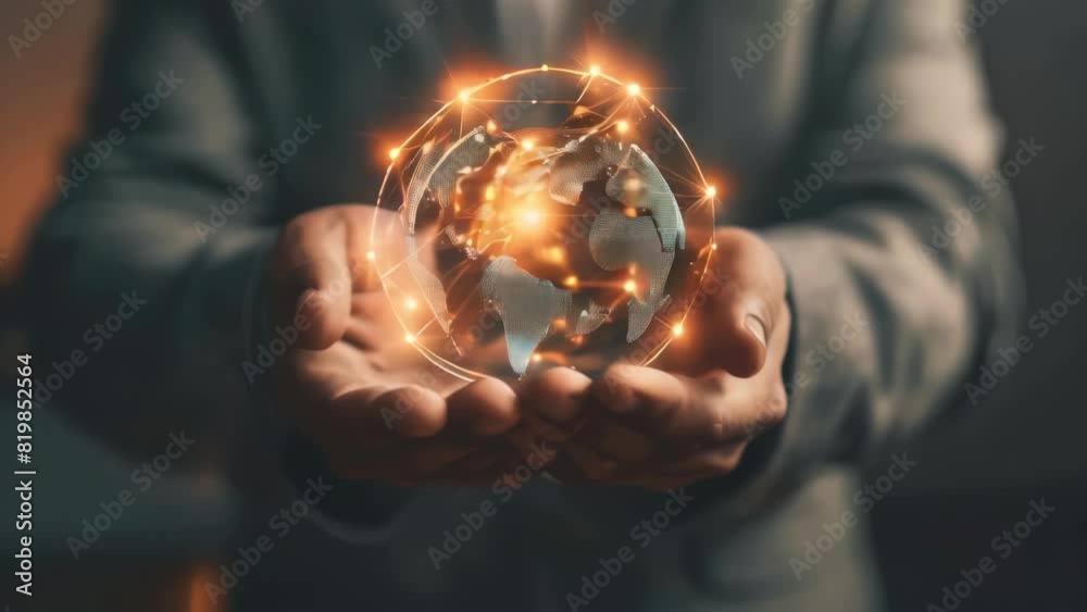 A man is holding a globe with a network of lines connecting it. Concept of interconnectedness and the importance of global communication
