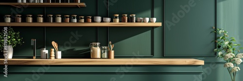 Designed kitchen with rich green wall panels and a minimalist wooden shelf