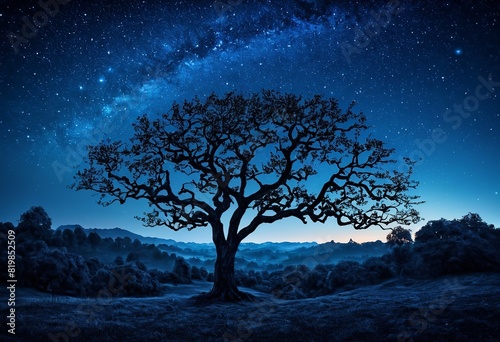 Escape into the Night: A Fantasy Landscape with Silhouetted Trees under a Starry Sky