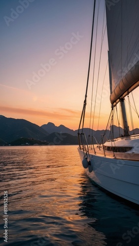 A yacht near the island in the rays of the setting sun. © Sahaidachnyi Roman