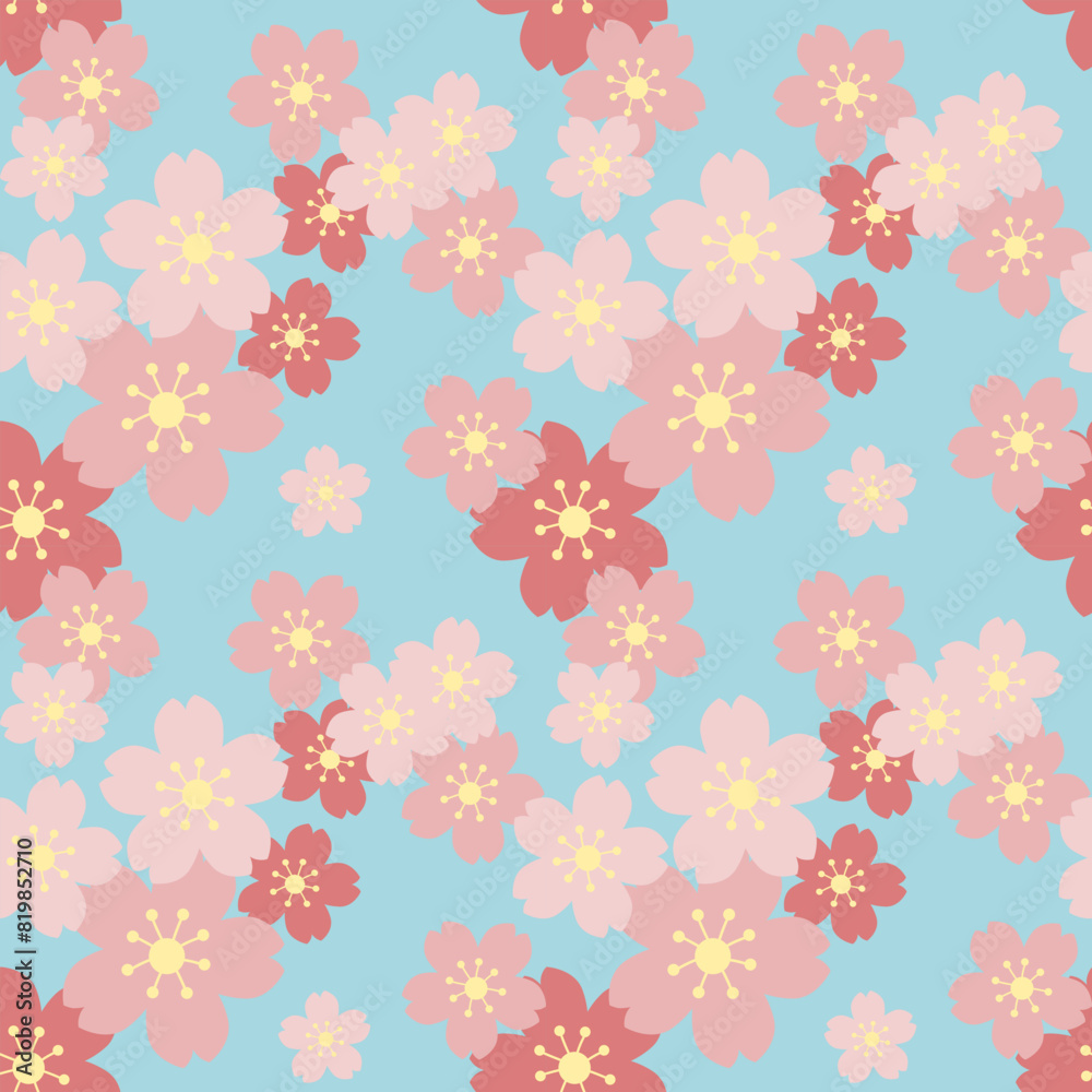 Seamless pink sakura pattern on blue background. Repeat cherry blossom pattern wallpaper. Seamless pink sakura pattern on blue background. Repeat cherry blossom pattern wallpaper.