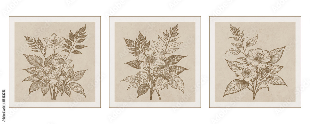 Set of 3 Printable botanical illustration. Rustic style home decor, wall decoration, picture in the frame. Grunge, vintage illustration. Generated by Ai Set of 3 Printable botanical illustration. Rustic style home decor, wall decoration, picture in the frame. Grunge, vintage illustration. Generated by Ai