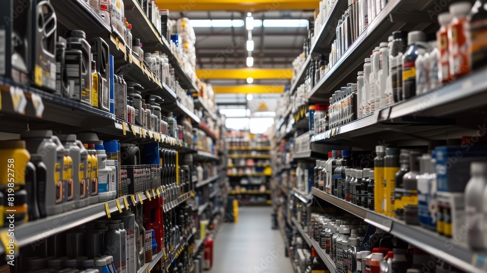 Fototapeta premium Shelves stocked with automotive consumables like coolant