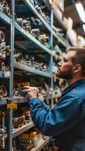 Mechanic browsing through shelves stocked with spare parts in a car repair shop parts store © AlfaSmart