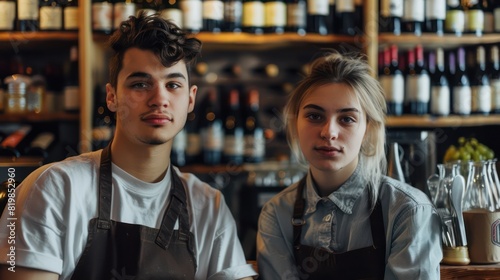 A pair of young cafe employees poses for the camera  their restful expressions mirroring the tranquil atmosphere of the wine shelf behind them. 