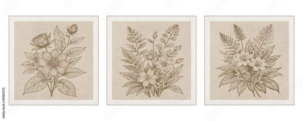 Set of 3 Printable botanical illustration. Rustic style home decor, wall decoration, picture in the frame. Grunge, vintage illustration. Generated by Ai Set of 3 Printable botanical illustration. Rustic style home decor, wall decoration, picture in the frame. Grunge, vintage illustration. Generated by Ai