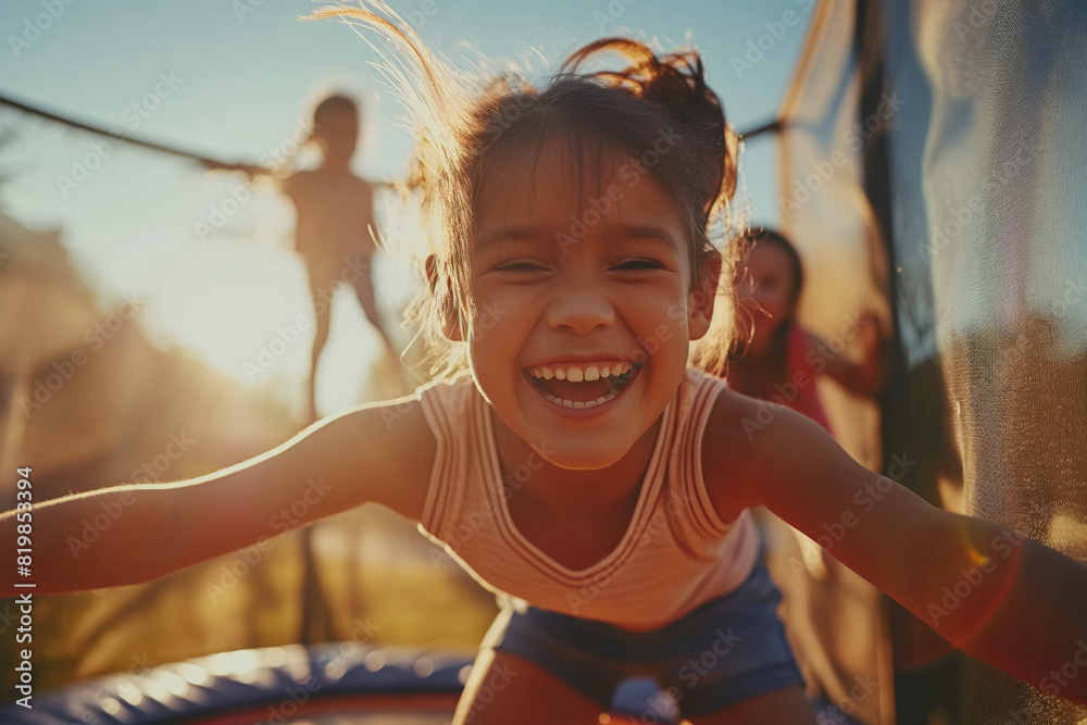 Fototapeta premium Children Day. A little girl is laughing while jumping on a trampoline. Generative AI