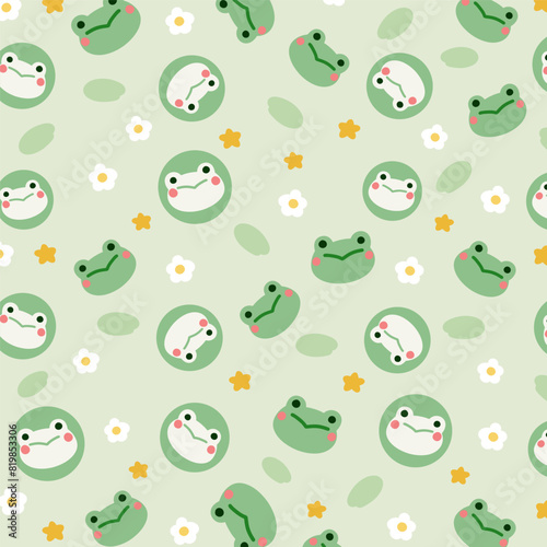 Kawaii Cute Seamless Pattern with Frog on Green Background
