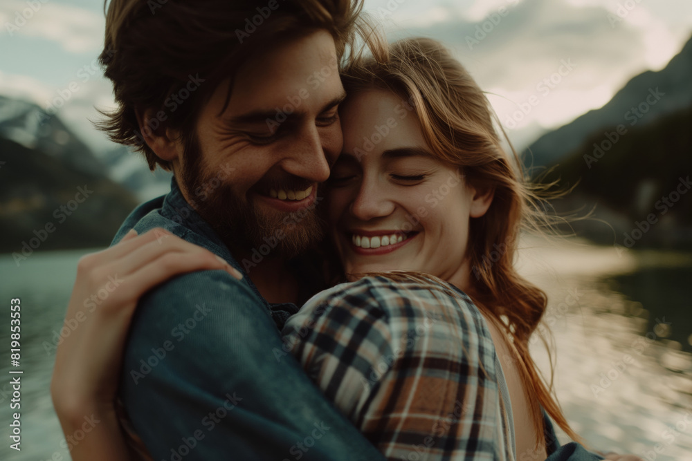 A happy couple hugging by the water, smiling. Leisure travel at a cool lake. Generative AI