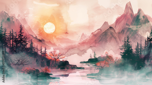 Japan style painting with pink mountains