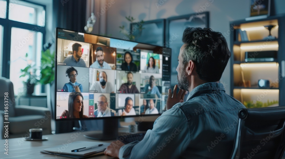 Obraz premium A virtual team meeting in progress, with participants engaged in discussion and collaboration via video call.