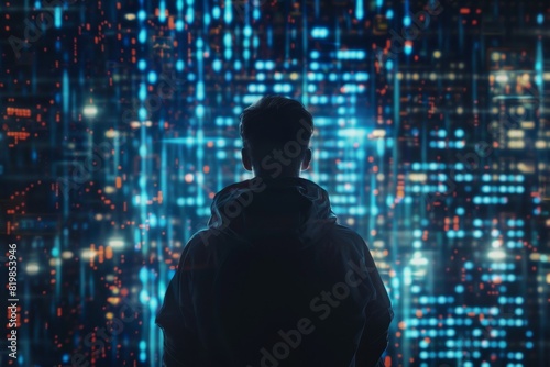 Hacker silhouette against a backdrop of a digital cityscape with codes