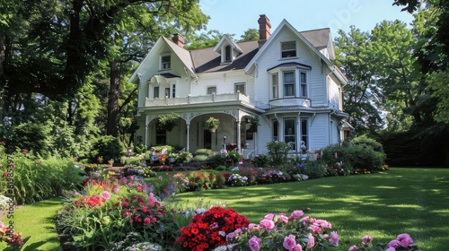 victorian house surrounded by lush greenery and flowers in garden, created with generative ai,American traditional house in historic neighborhood,beautiful mansion and landscape    © Classy designs