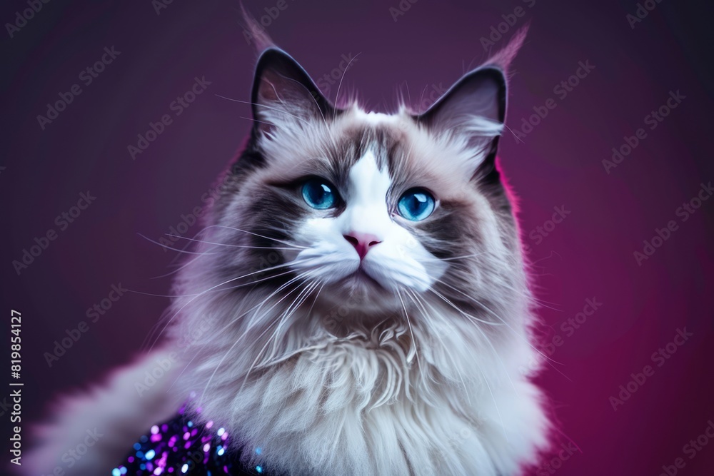 Ragdoll cat kitten kitty in disco neon glitter glam shiny glow sequin outfit