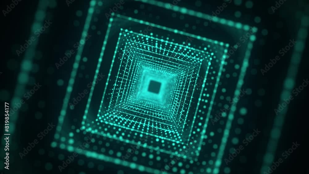 Cyber square tunnel consisting of moving glowing points. Futuristic infinite space background. Concept of data transfer in cyberspace. Hi-tech illustration. 3d rendering