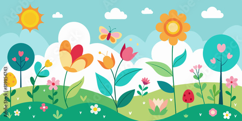 Bright and colorful illustration of a sunny meadow filled with various types of flowers and plants