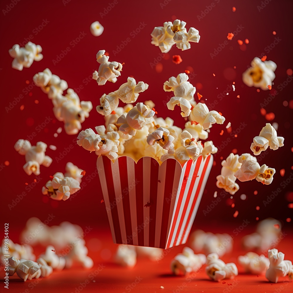 A box of movie popcorn flying out with a red background with copy space A box of movie popcorn flying out with a red background with copy space