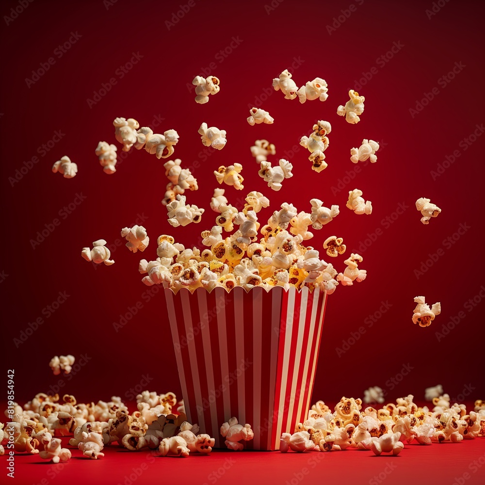 A box of movie popcorn flying out with a red background with copy space A box of movie popcorn flying out with a red background with copy space