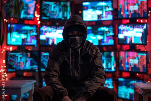 Masked hacker with multiple floating digital screens around 