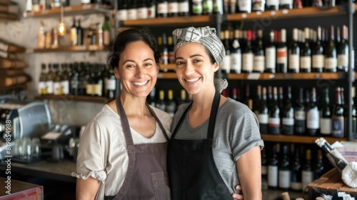 Two content cafe workers pose for the camera, their restful expressions and warm camaraderie evident as they stand side by side in front of shelves stocked with an assortment of wines.