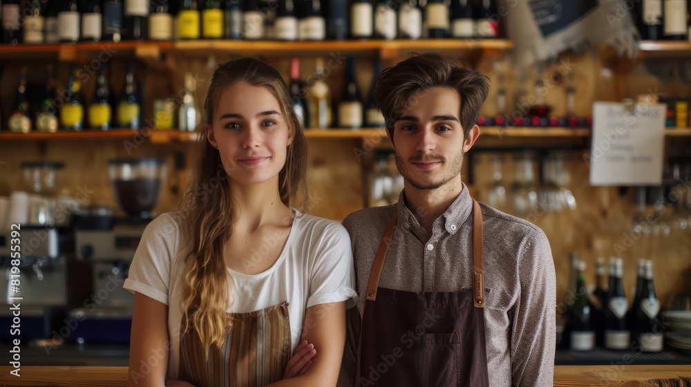 Two young workers of a cafe strike a casual pose in front of the camera, their easygoing demeanor highlighted by the display of wine assortment on the shelves behind them. Two young workers of a cafe strike a casual pose in front of the camera, their easygoing demeanor highlighted by the display of wine assortment on the shelves behind them.