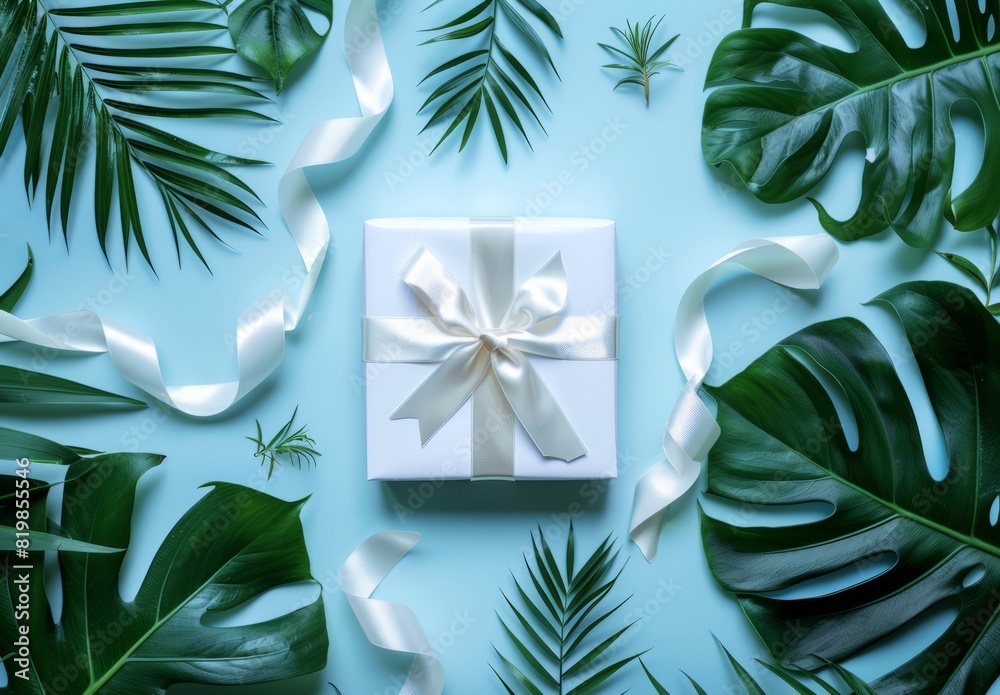 A white gift box with gold ribbon bow surrounded with tropical green Monstera leaves and palm Split Leaf. Mockup product presentation. A white gift box with gold ribbon bow surrounded with tropical green Monstera leaves and palm Split Leaf. Mockup product presentation.